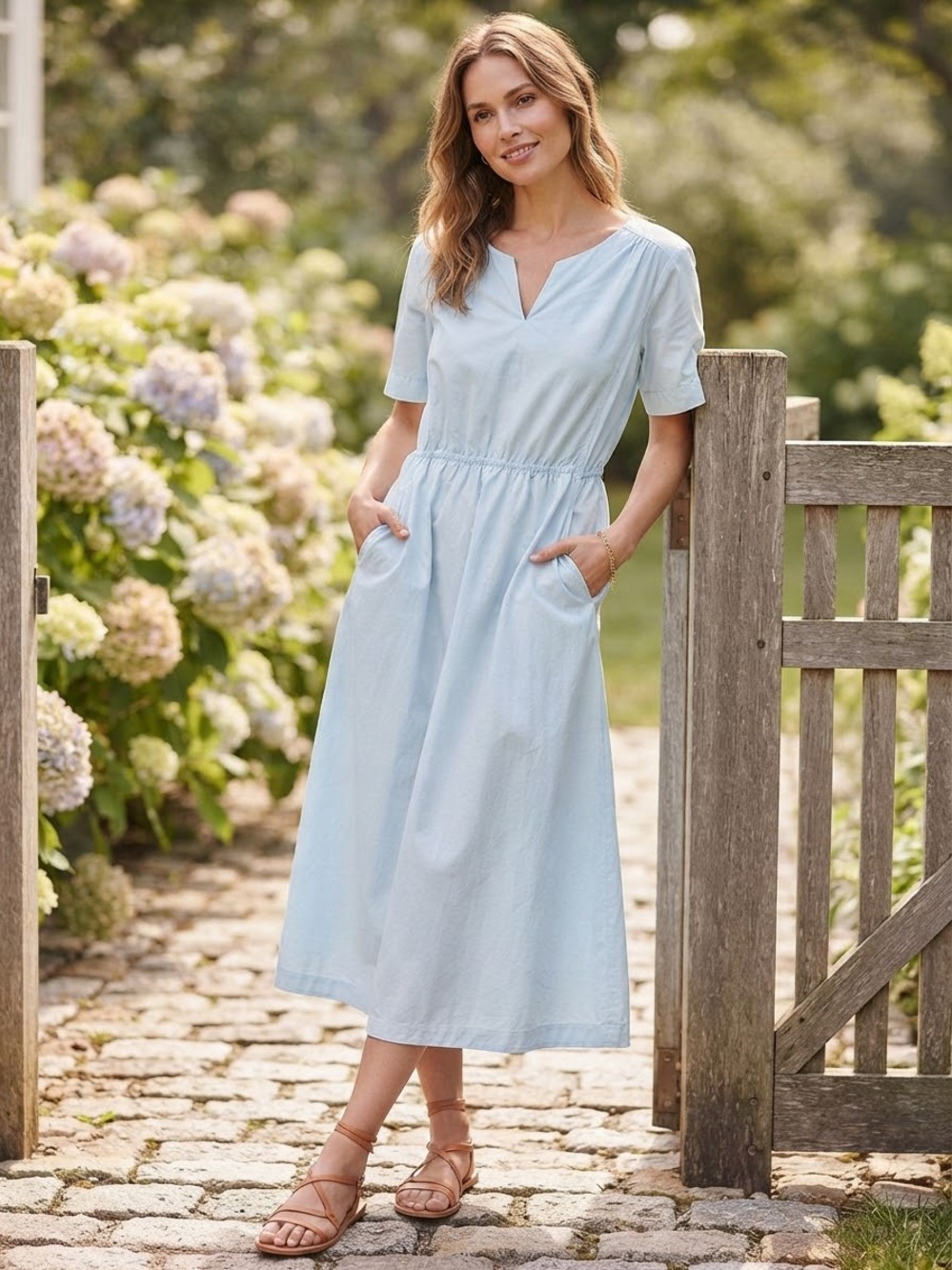 Light Blue Women's Midi Dress with Pockets M/L